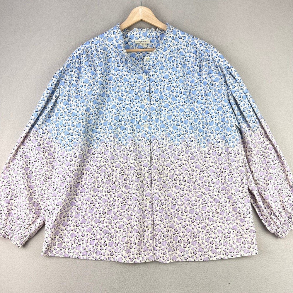 Style & Co Floral Button Up Blouse Women XL Blue Purple Ombre Long Sleeve Cotton